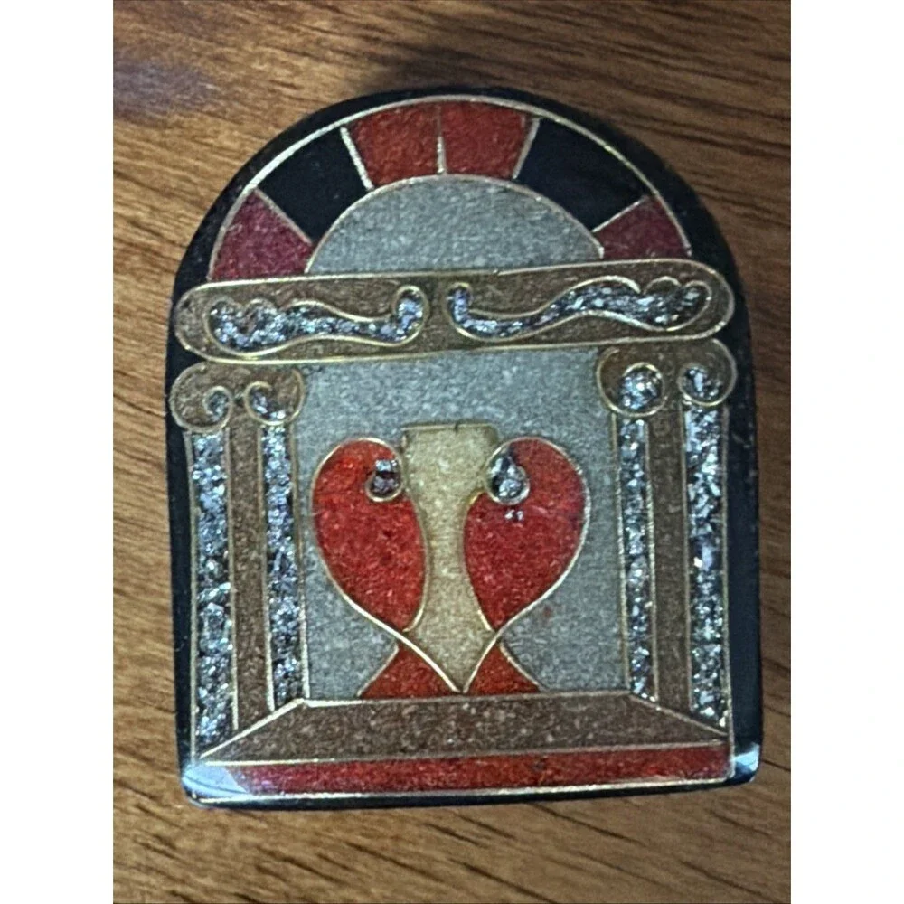 Vintage Black Enamel Brooch Red Silver Gold Art Deco